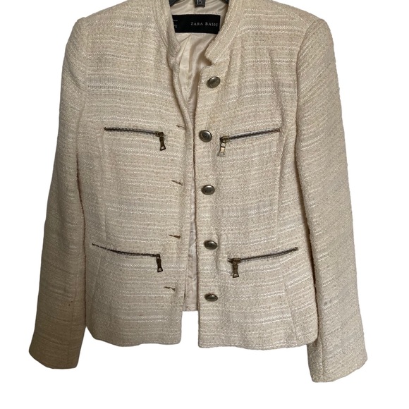 Zara Tweed Boucle Jacket, Size S, Cream, Chanel Vibe, Glitter, 4 Zipper Pockets - Picture 3 of 9
